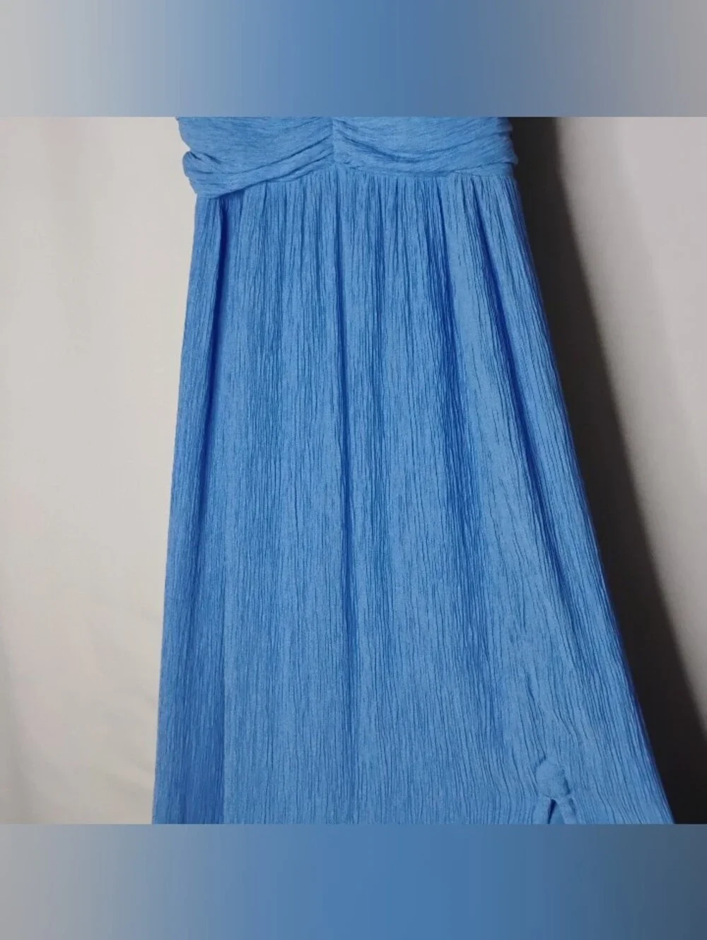 Abercrombie & Fitch Ruched Crinkle Textured Maxi Dress Blue Side Slit XS Tall